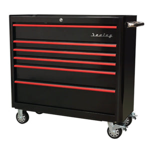 Sealey Rollcab 6 Drawer Wide Retro Style - Black, Red Anodised Drawer Pulls
