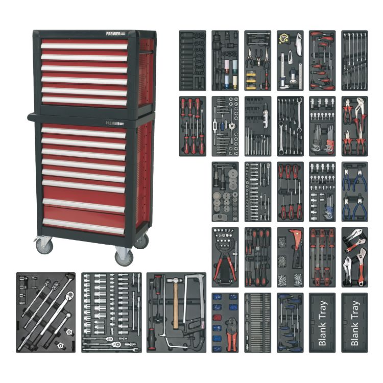 Sealey Topchest & Rollcab Combination 14 Drawer Ball-Bearing Slides - Red/Grey & 1233pc Tool Kit (Premier)