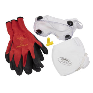 Sealey Flexi Grip Gloves, FFP1 Mask, Goggles & Ear Plugs