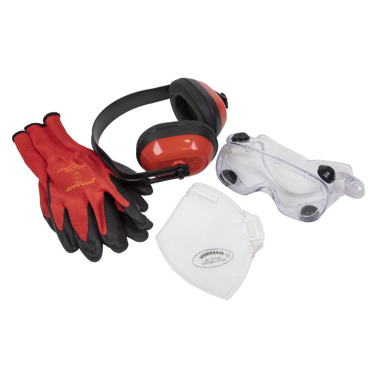 Sealey Flexi Grip Gloves, FFP1 Mask, Goggles & Ear Defenders