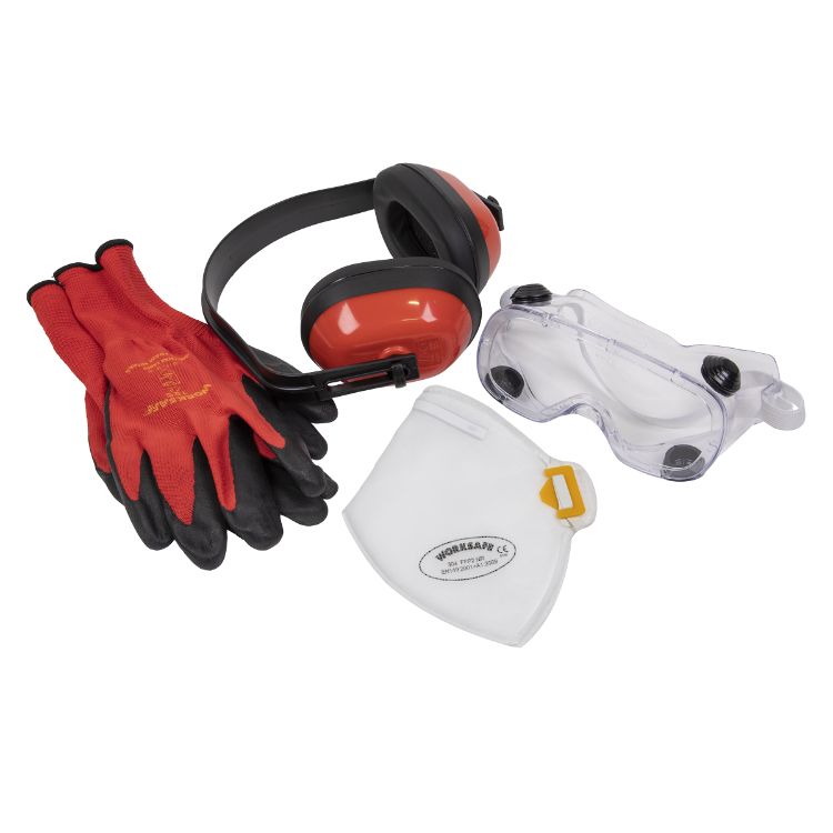 Sealey Flexi Grip Gloves, FFP2 Mask, Goggles & Ear Defenders